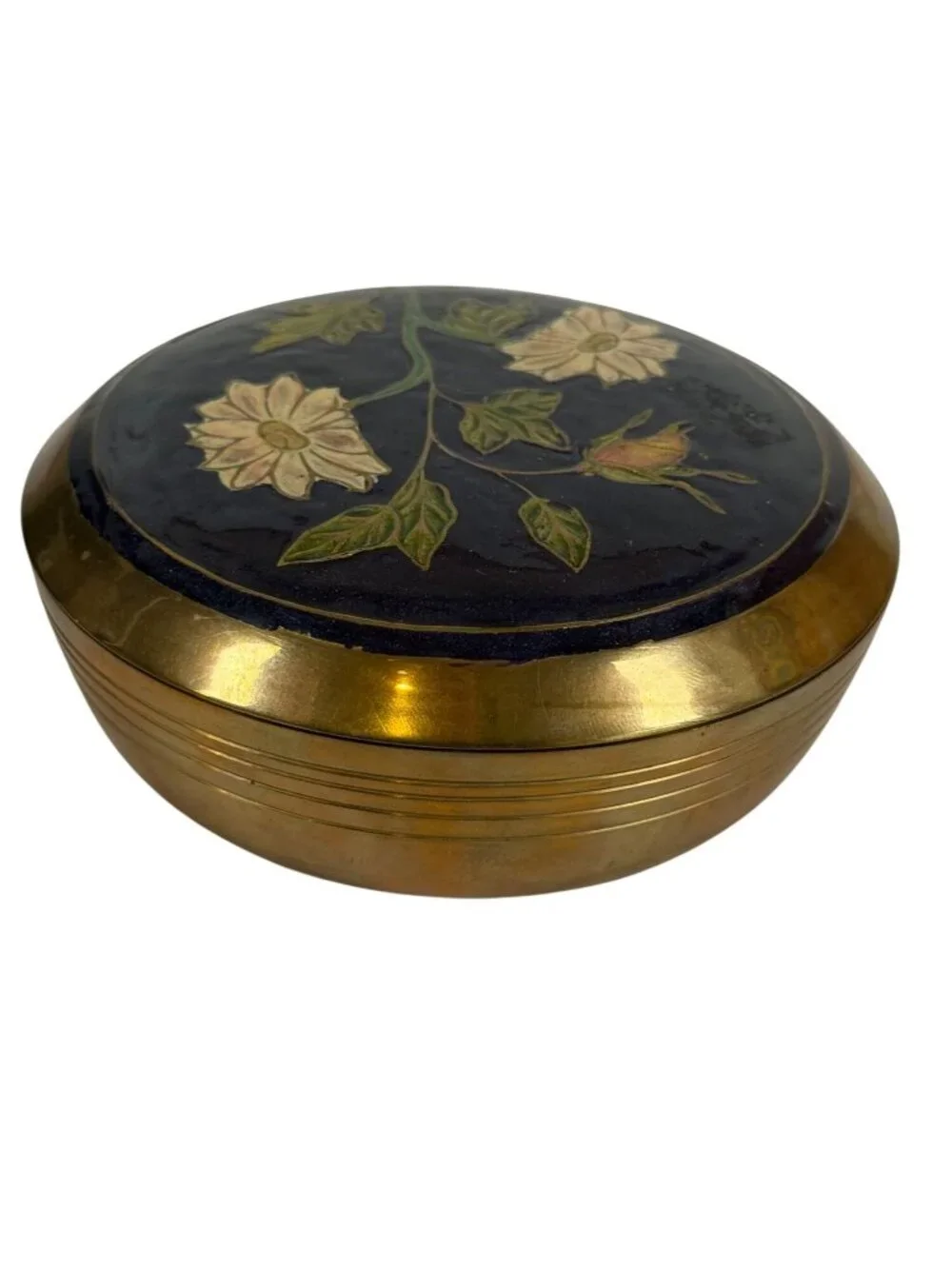 Vintage Brass Trinket Box Enamel Floral Lid Jewelry Grandma Cottage Core